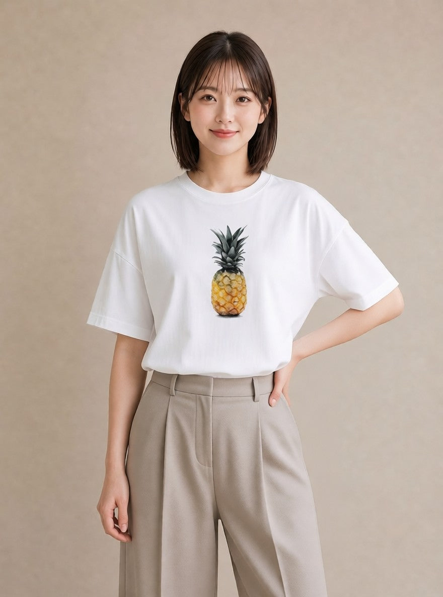 半袖Tシャツ レディース パイナップル 食べ物 フード イラスト ゆるかわ 社会人 女性 白T YMAZO