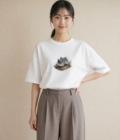 Tシャツ レディース 駅のホーム ローカル線 駅 ナチュラル アンティーク イラスト 手描き風 20代 カジュアルコーデ 白T YMAZO