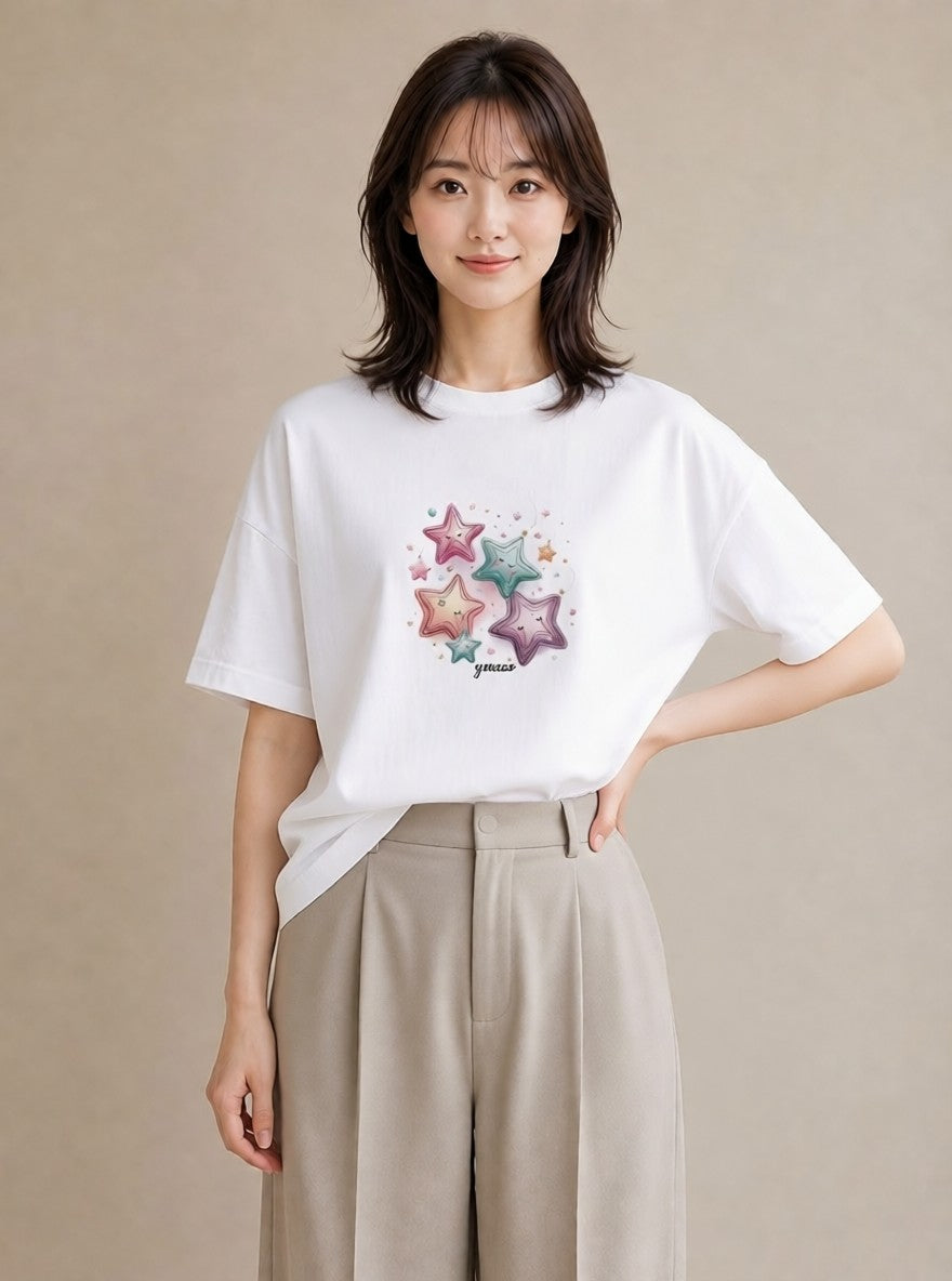 半袖Tシャツ レディース スター 星空 宇宙 イラスト ゆるかわ 女性向けギフト 散歩 白T YMAZO