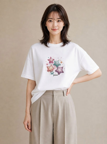 半袖Tシャツ レディース スター 星空 宇宙 イラスト ゆるかわ 女性向けギフト 散歩 白T YMAZO