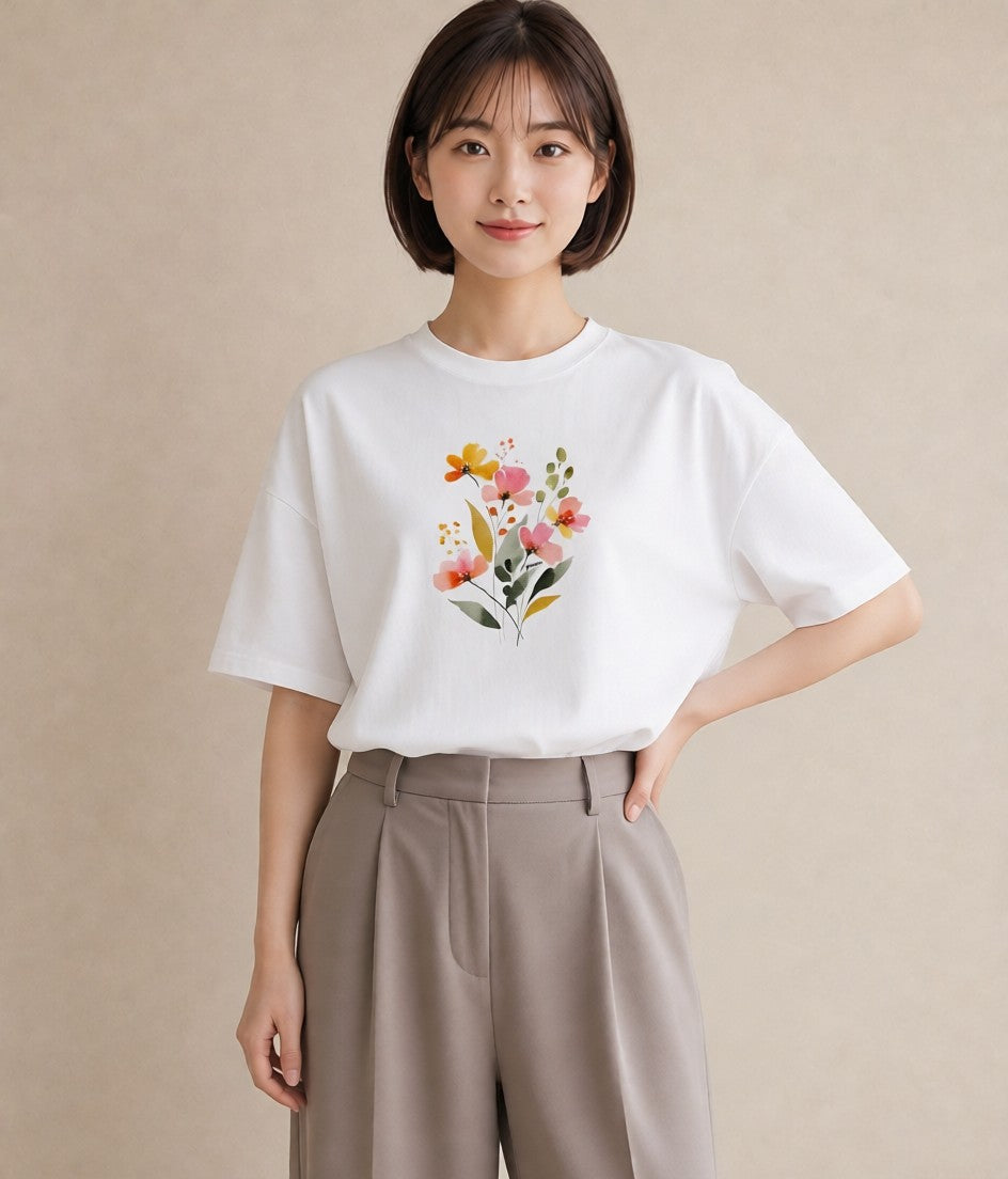 Tシャツ レディース ミモザ 花 花柄 イラスト カジュアル 春コーデ 姉妹 白T YMAZO