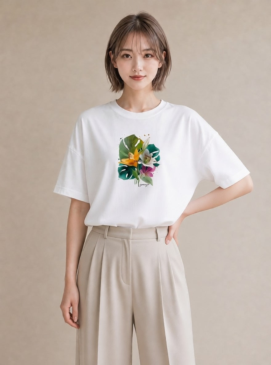 半袖Tシャツ レディース ゆり 百合 花 花柄 イラスト ニュアンス ラフ レイヤード 白T YMAZO