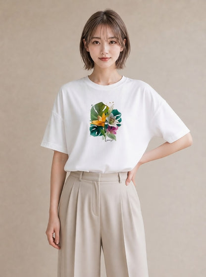半袖Tシャツ レディース ゆり 百合 花 花柄 イラスト ニュアンス ラフ レイヤード 白T YMAZO