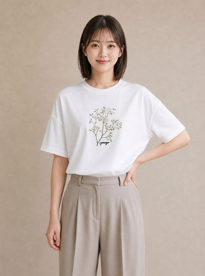 プリントTシャツ レディース カスミソウ かすみ草 花 花柄 イラスト 手描き風 デート 帰省 白T YMAZO