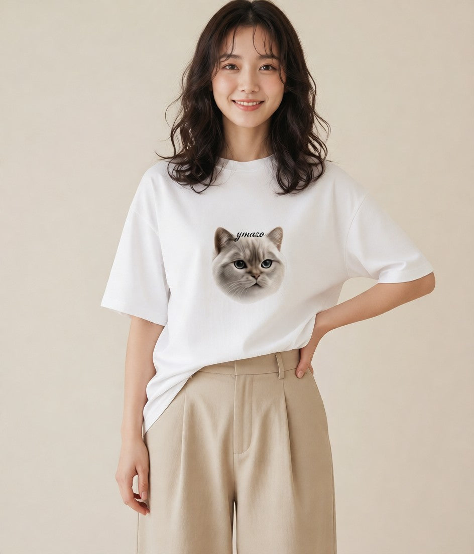 プリントTシャツ レディース シャム柄 猫 ねこ イラスト きれいめカジュアル 春服 ミセス 白T YMAZO