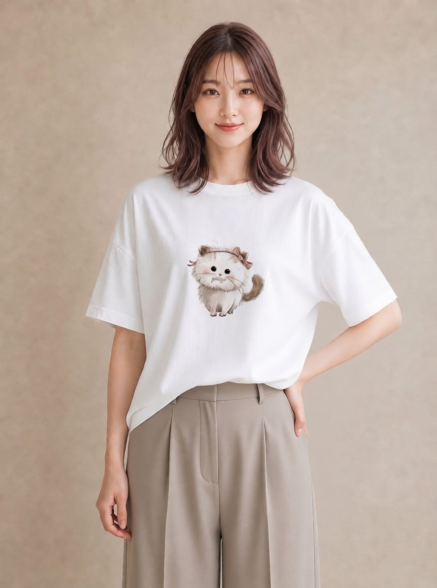 Tシャツ レディース マンチカン 猫 ねこ イラスト お洒落 休日 ペアコーデ 白T YMAZO