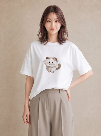 Tシャツ レディース マンチカン 猫 ねこ イラスト お洒落 休日 ペアコーデ 白T YMAZO