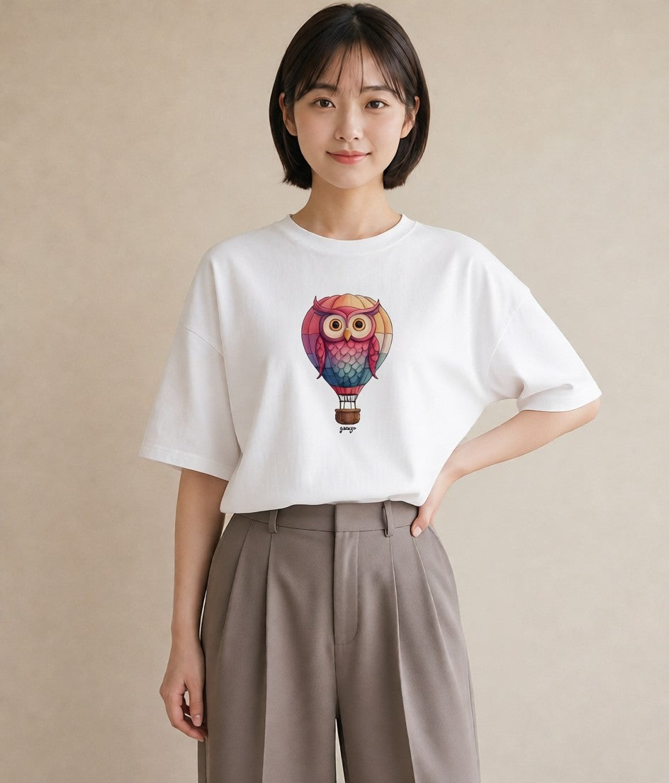 プリントTシャツ レディース 気球 星空 宇宙 イラスト ナチュラル 帰省 ラフ 白T YMAZO