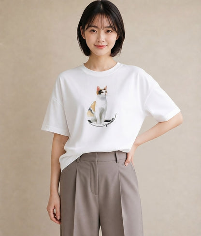 Tシャツ レディース 猫 ねこ イラスト ガーリー ペアコーデ 秋コーデ 白T YMAZO