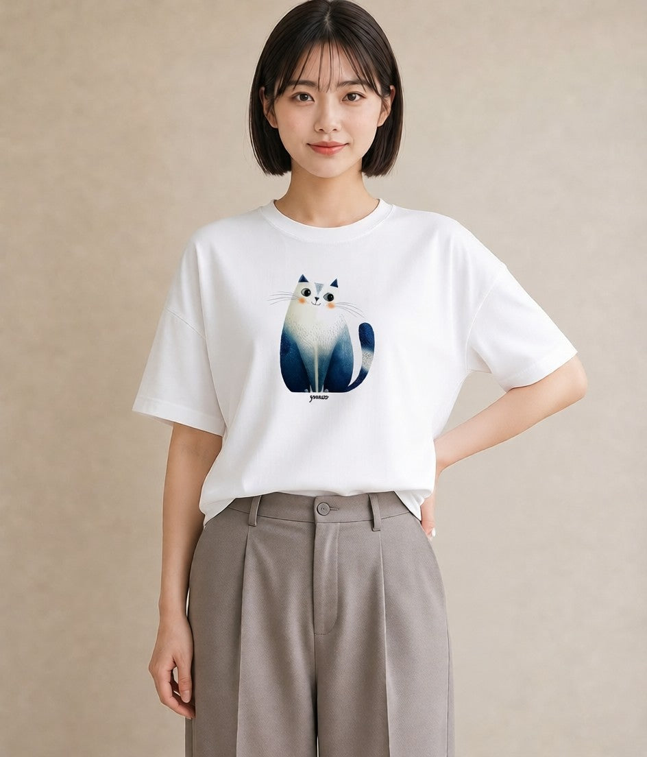 グラフィックTシャツ レディース スコティッシュフォールド 猫 ねこ イラスト ボタニカル 綿100 デート 白T YMAZO