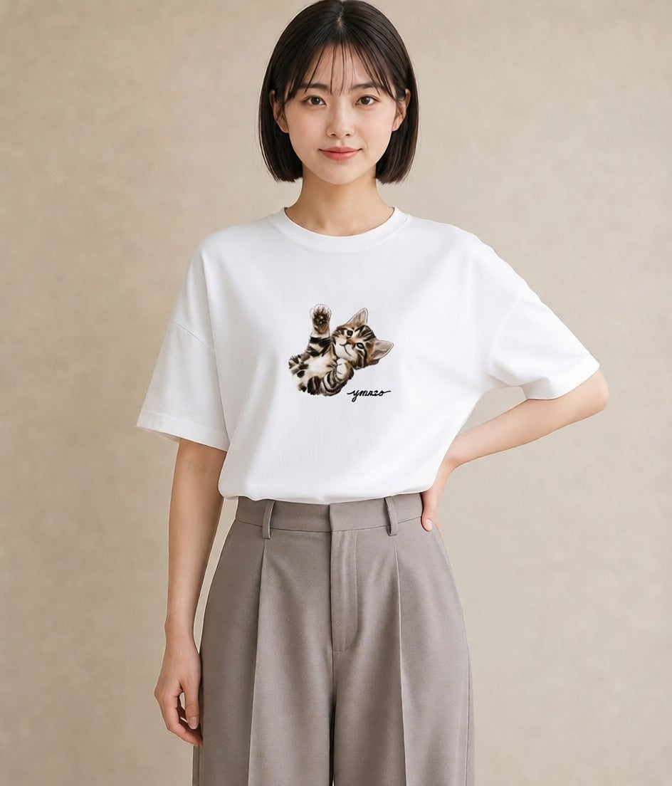 デザインTシャツ レディース 猫の手 猫 ねこ イラスト アート風 休日 ペアコーデ 白T YMAZO