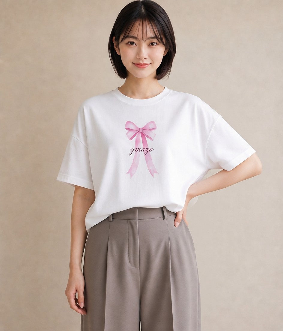 半袖Tシャツ レディース リボン 蝶結び ナチュラル アンティーク イラスト ポップ 母娘コーデ 自分用 白T YMAZO