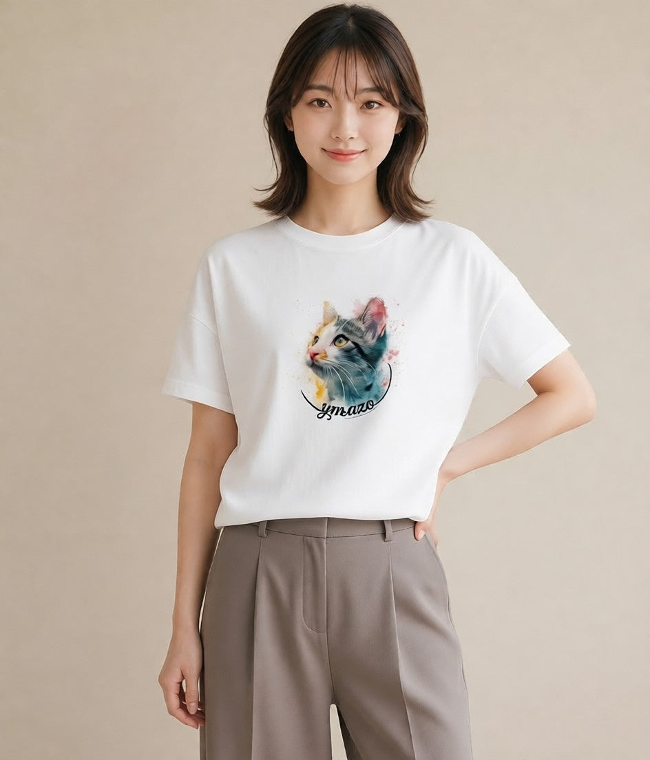 プリントTシャツ レディース 愛猫 猫 ねこ イラスト カフェコーデ 母娘コーデ 自分用 白T YMAZO
