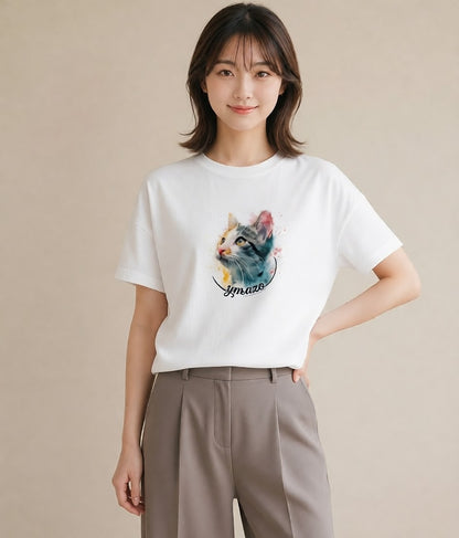 プリントTシャツ レディース 愛猫 猫 ねこ イラスト カフェコーデ 母娘コーデ 自分用 白T YMAZO
