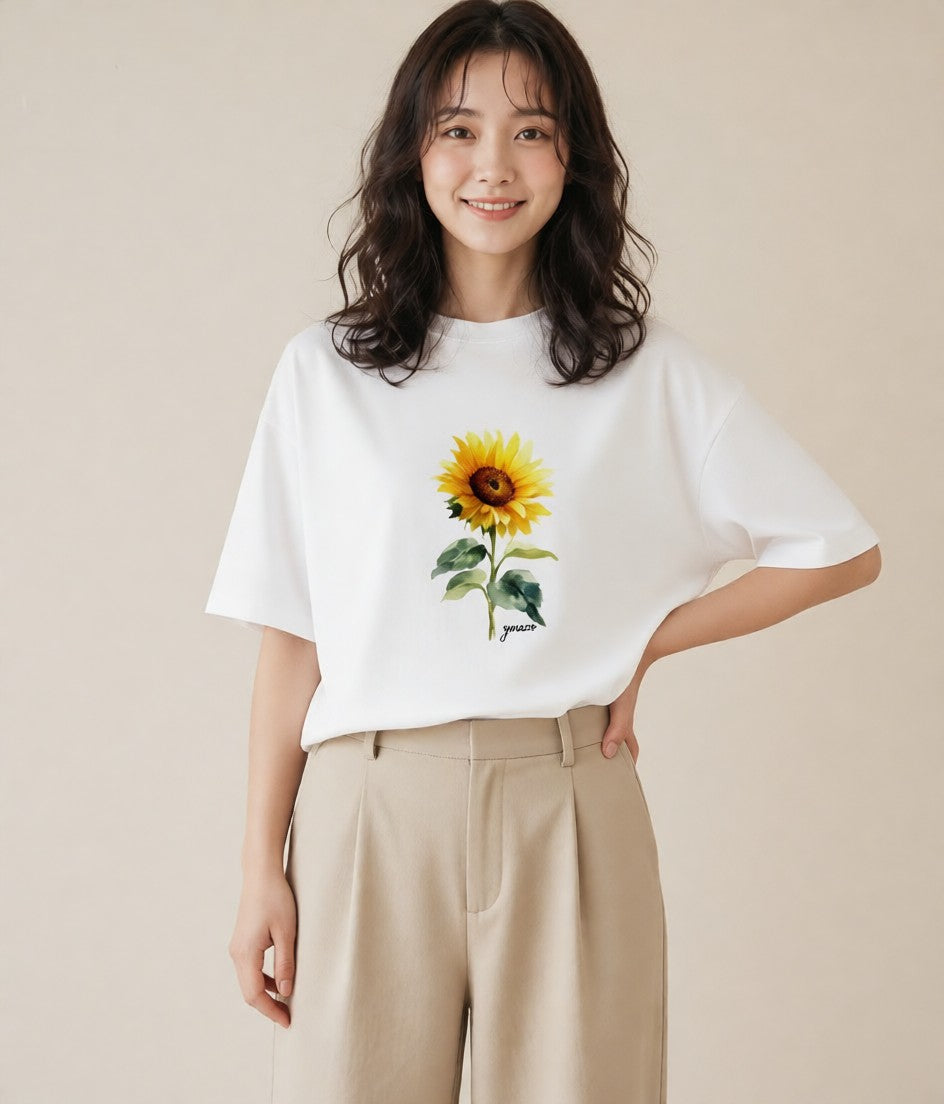 デザインTシャツ レディース ひまわり 向日葵 花 花柄 イラスト ゆるかわ 誕生日プレゼント 綿100 白T YMAZO
