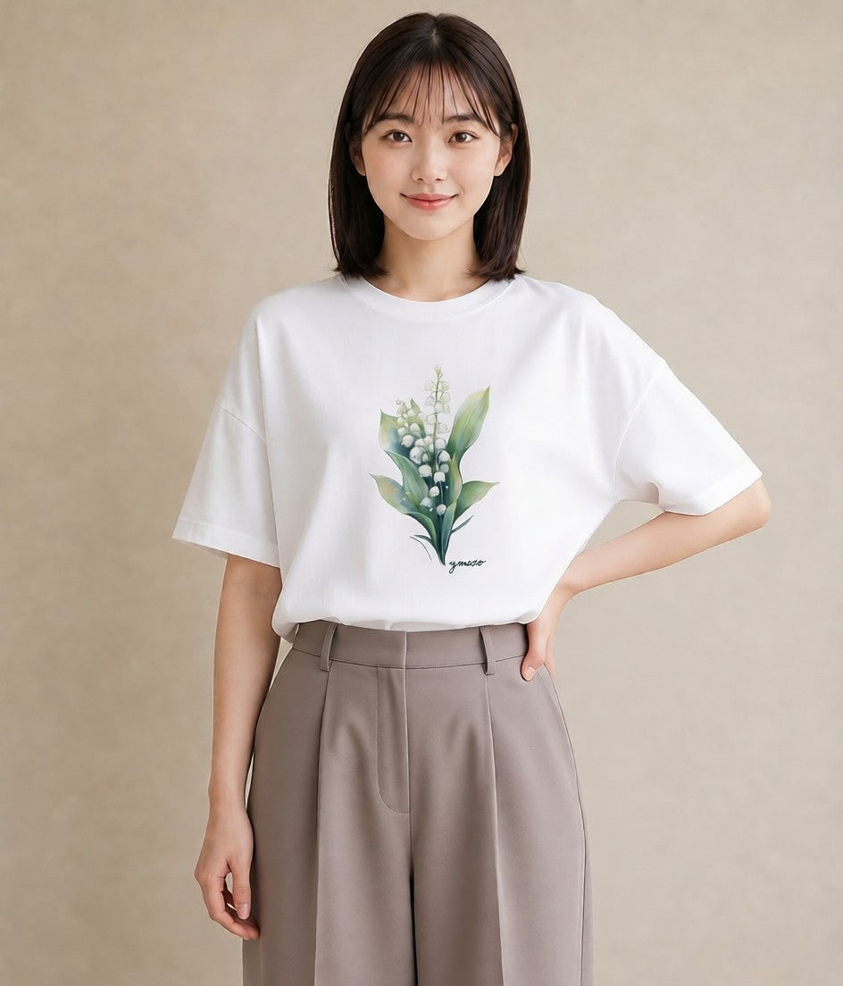 グラフィックTシャツ レディース すずらん 花 花柄 イラスト きれいめ 部屋着 女性向けギフト 白T YMAZO