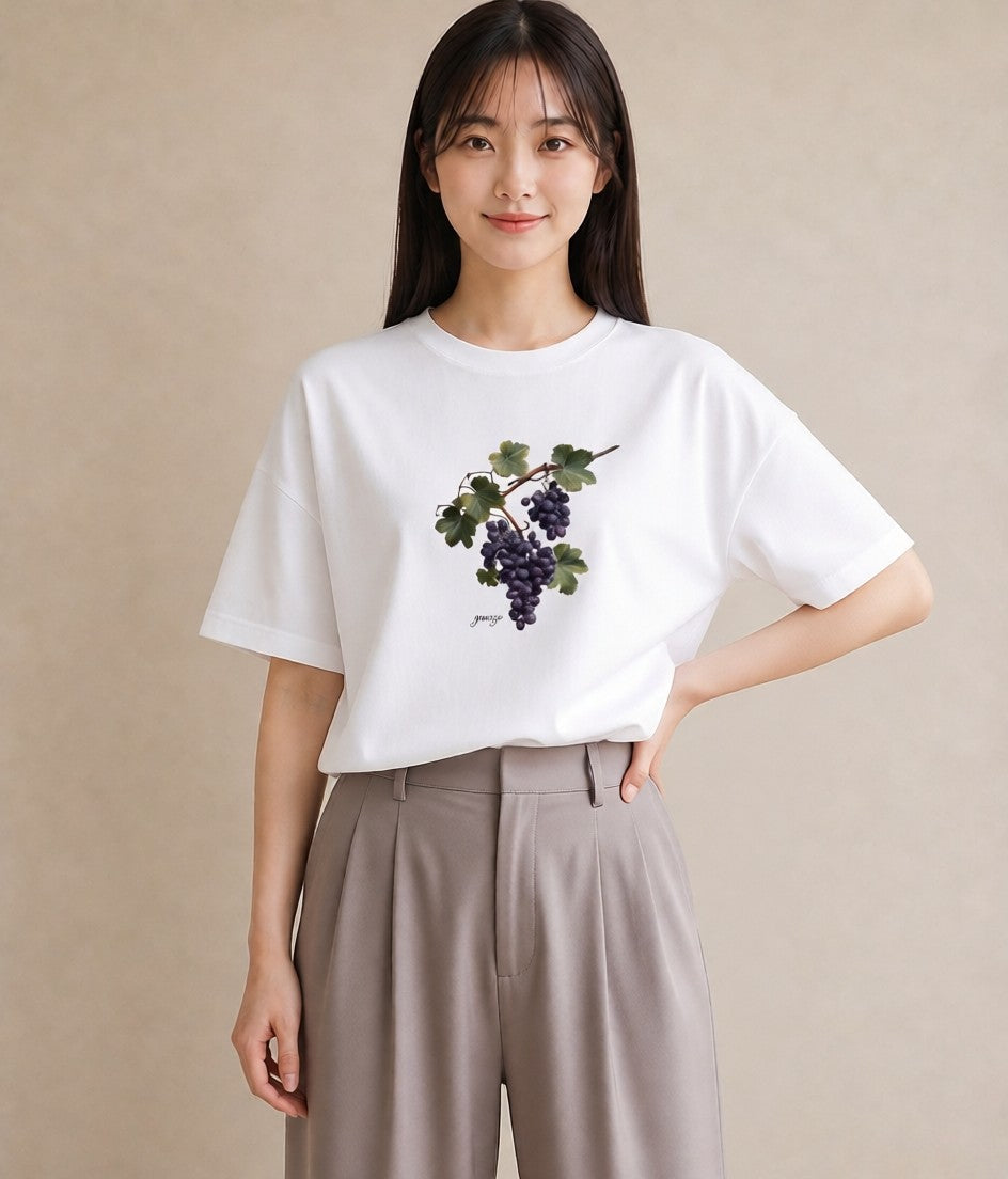 デザインTシャツ レディース ぶどう 葡萄 食べ物 フード イラスト カジュアル ママ カフェ服 白T YMAZO