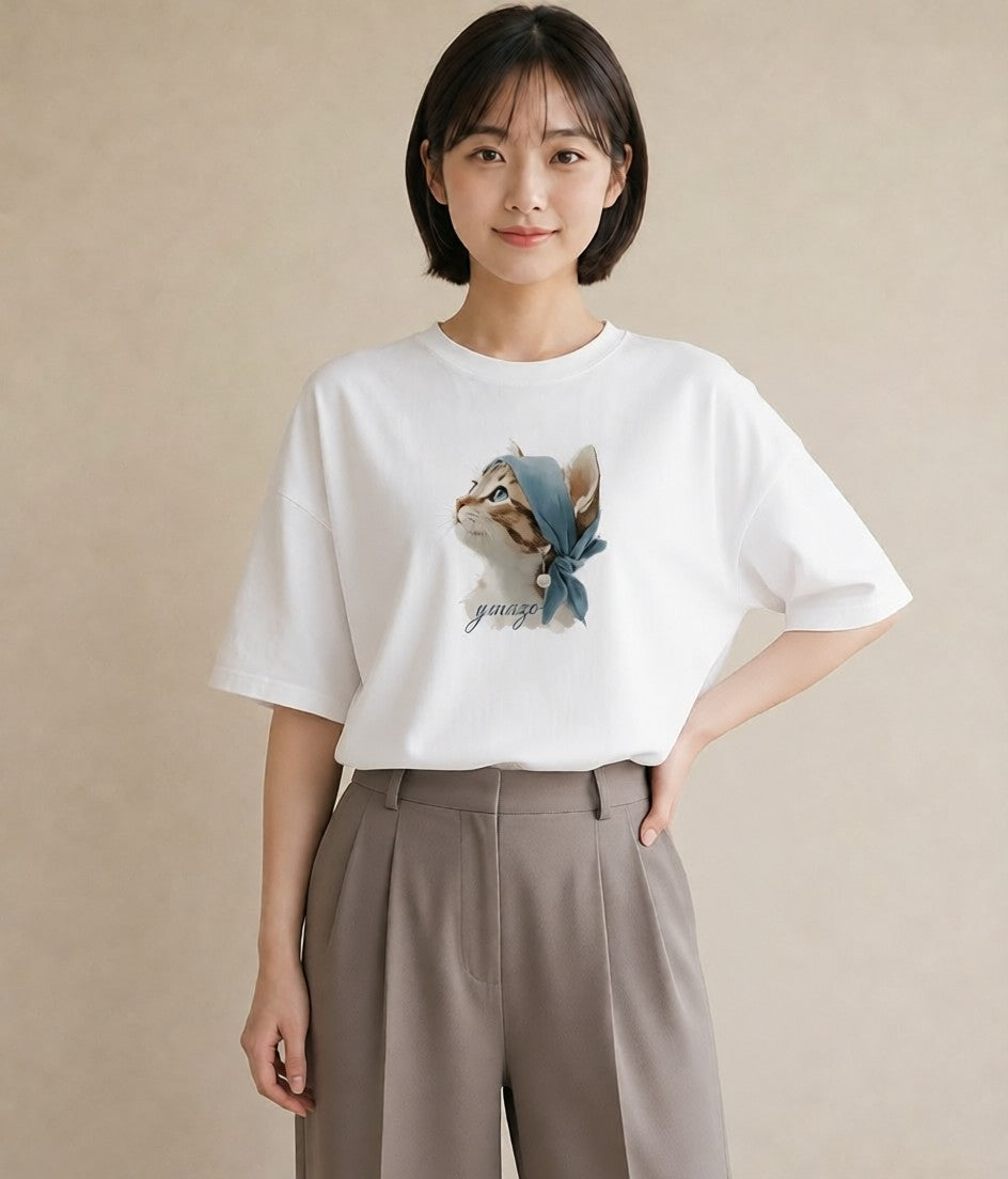 デザインTシャツ レディース 猫好き 猫 ねこ イラスト 旅行コーデ 自分用 ルームウェア 白T YMAZO