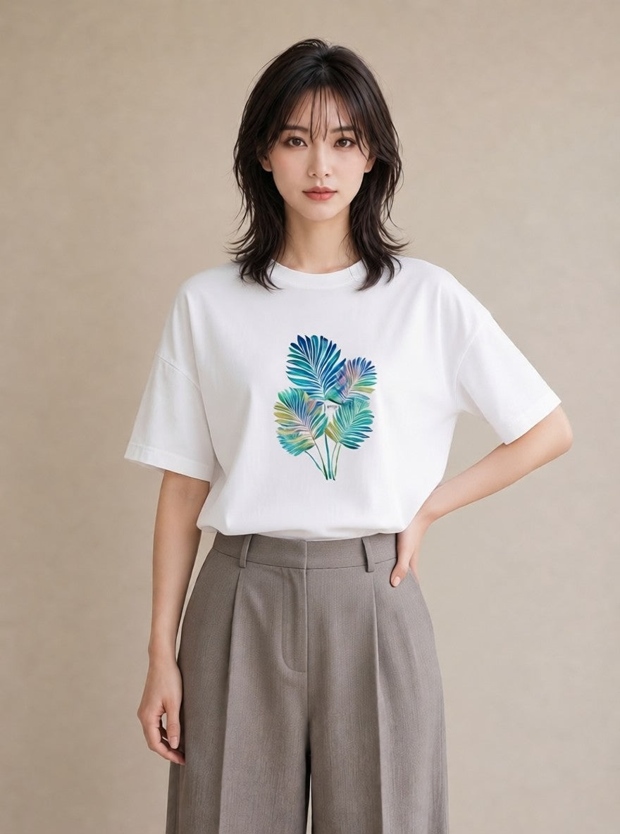 Tシャツ レディース モンステラ 植物 ボタニカル イラスト 韓国風 綿100 デート 白T YMAZO