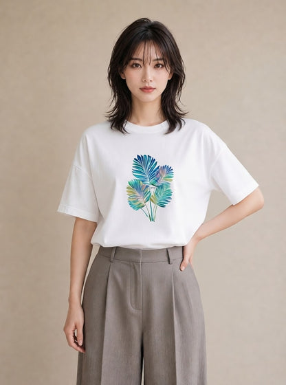 Tシャツ レディース モンステラ 植物 ボタニカル イラスト 韓国風 綿100 デート 白T YMAZO