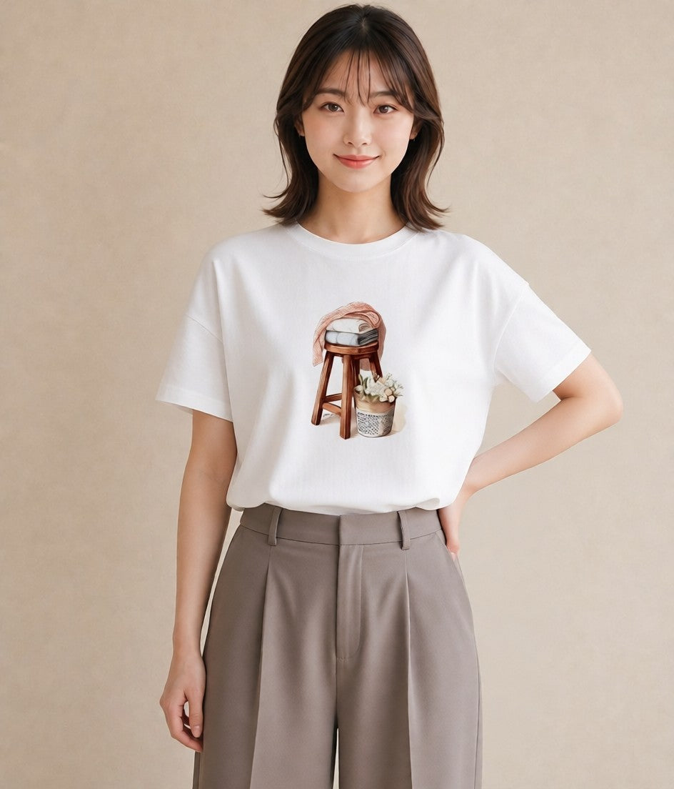 デザインTシャツ レディース 雨上がりのベンチ ベンチ ナチュラル アンティーク イラスト こなれ感 デート 帰省 白T YMAZO