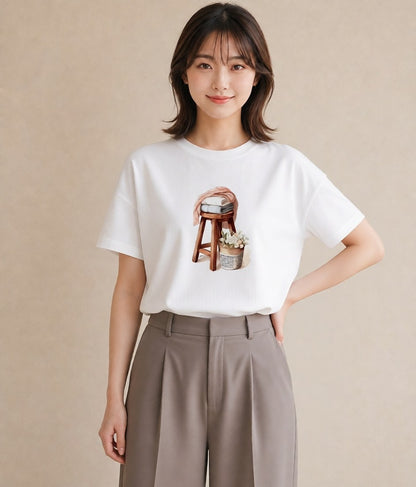 デザインTシャツ レディース 雨上がりのベンチ ベンチ ナチュラル アンティーク イラスト こなれ感 デート 帰省 白T YMAZO