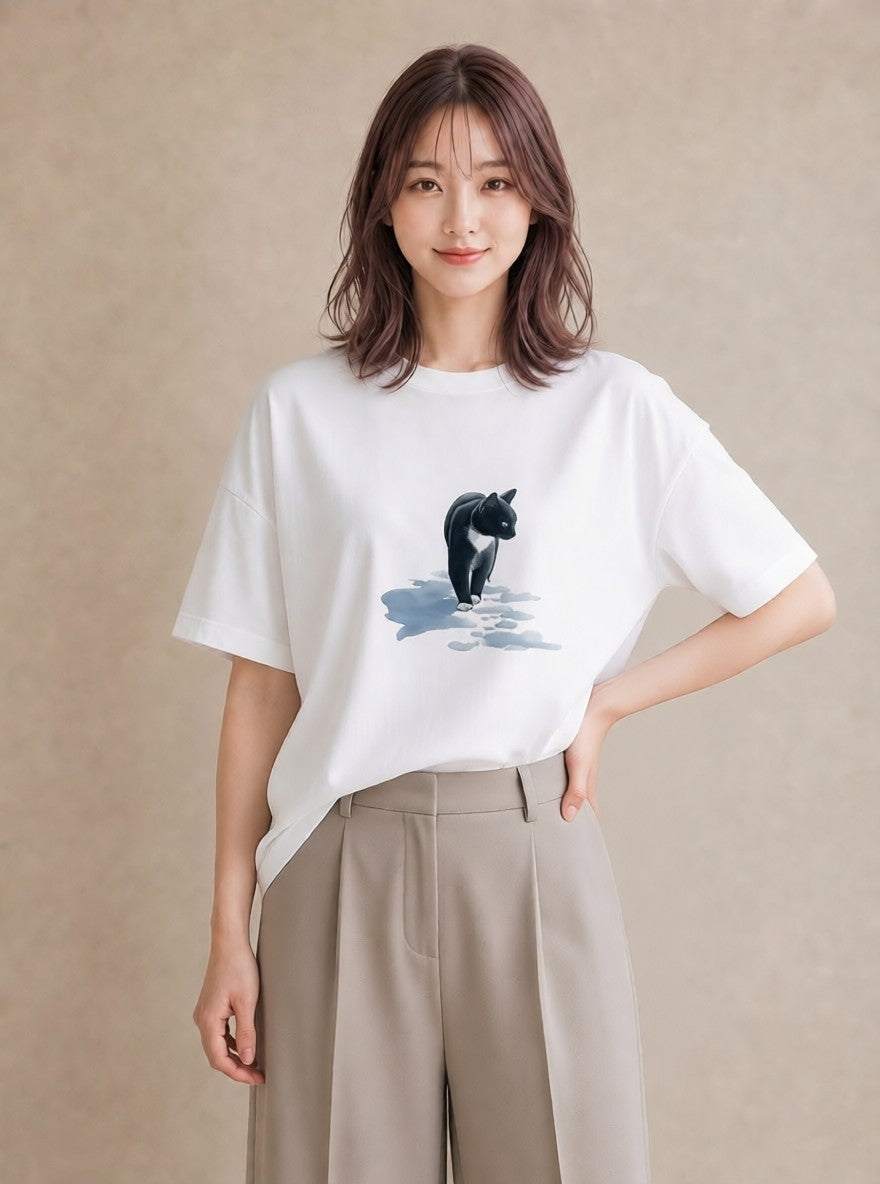 グラフィックTシャツ レディース 靴下猫 猫 ねこ イラスト 抜け感 自分用 ルームウェア 白T YMAZO