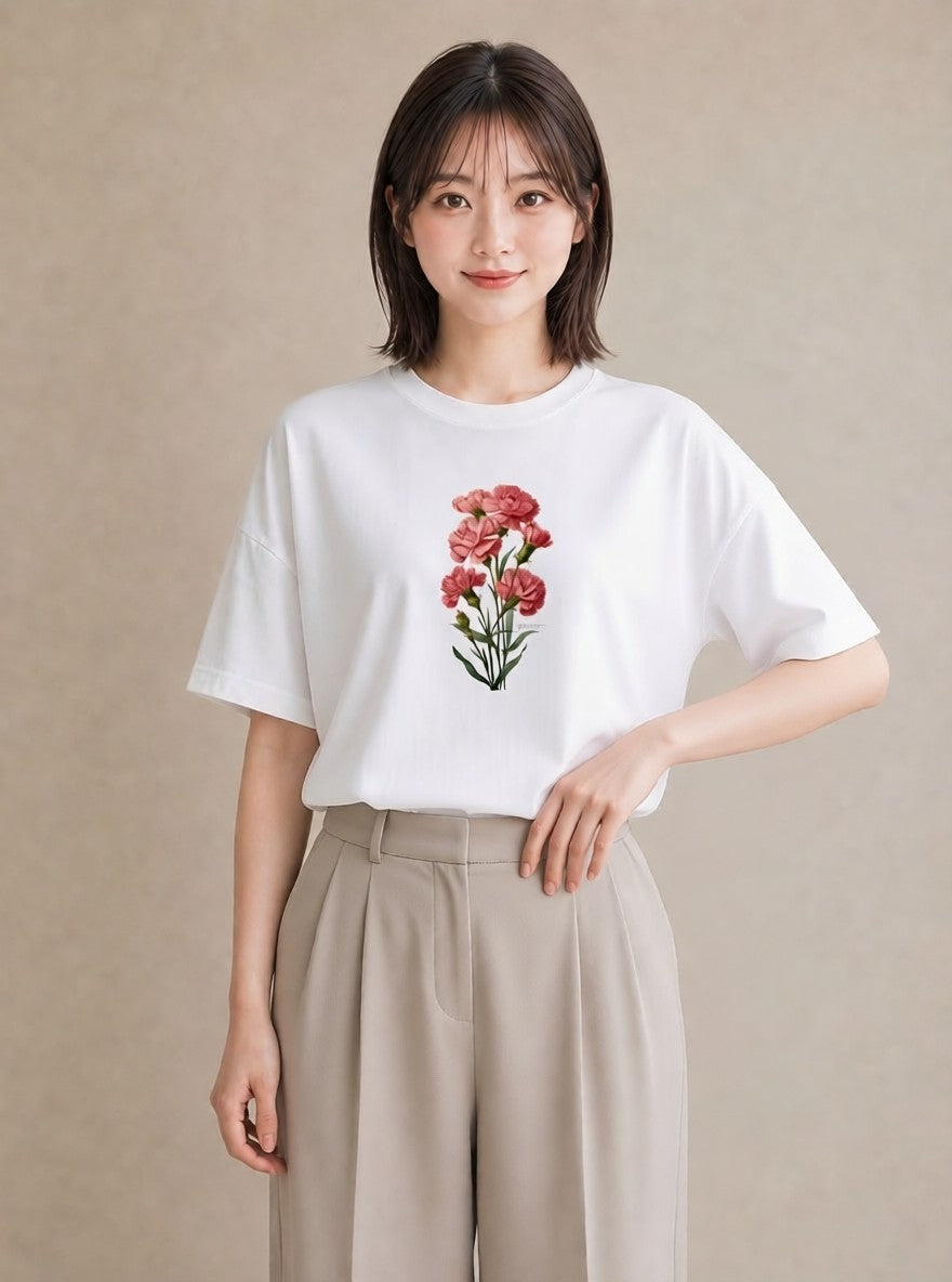 デザインTシャツ レディース カーネーション 花 花柄 イラスト 休日コーデ 春服 ミセス 白T YMAZO