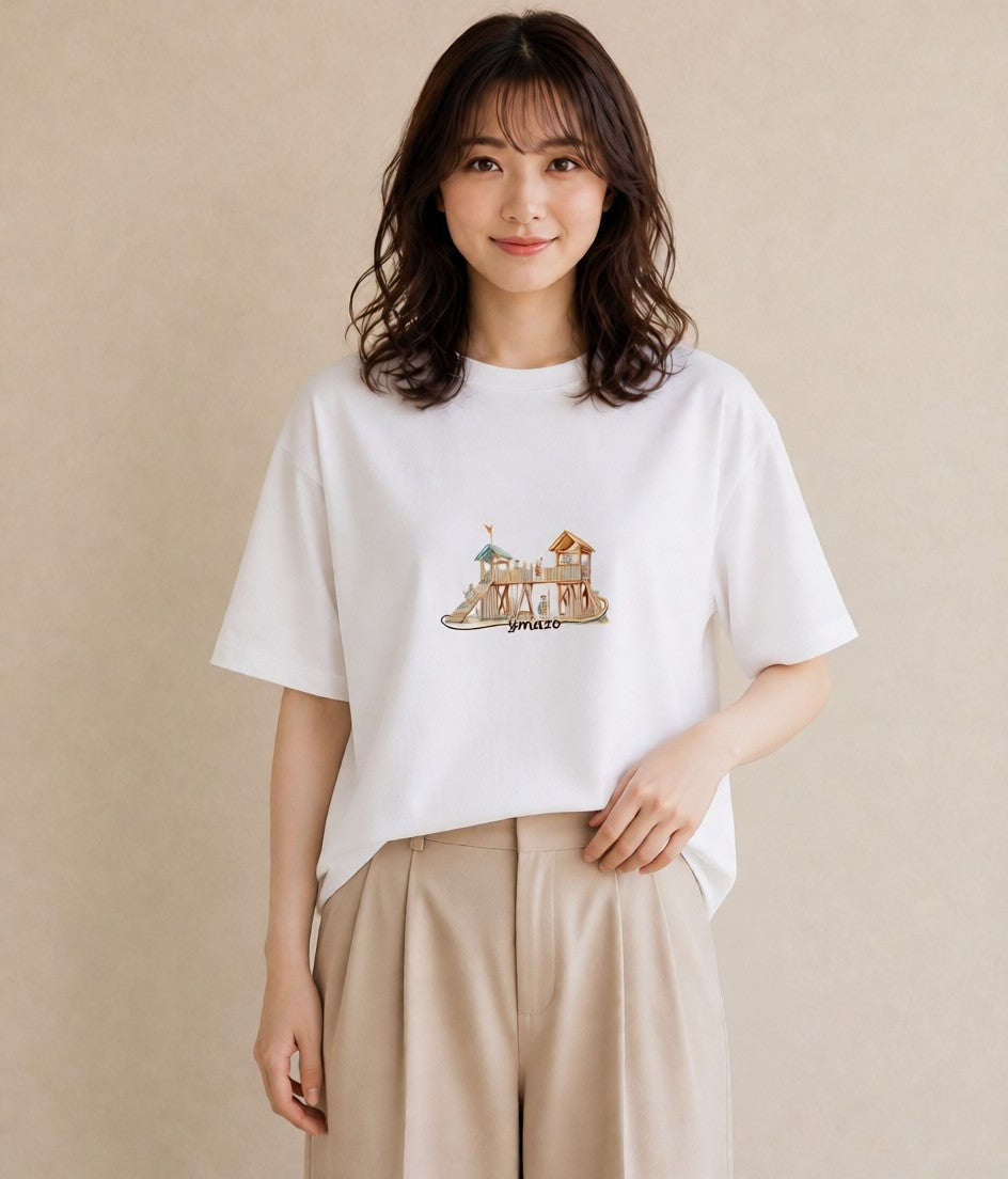 デザインTシャツ レディース 小川 橋 せせらぎ ナチュラル アンティーク イラスト カフェコーデ 姉妹 送別ギフト 白T YMAZO