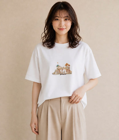 デザインTシャツ レディース 小川 橋 せせらぎ ナチュラル アンティーク イラスト カフェコーデ 姉妹 送別ギフト 白T YMAZO