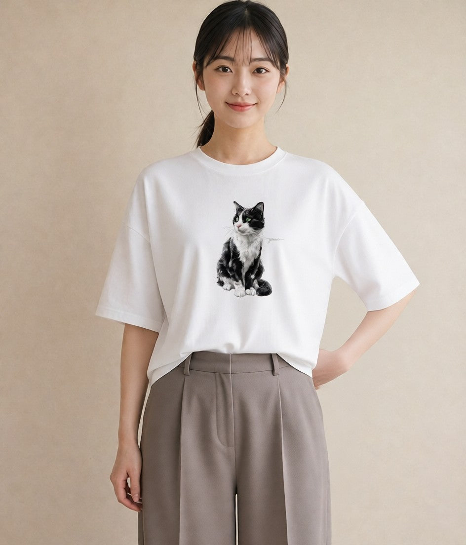 Tシャツ レディース メインクーン 猫 ねこ イラスト 淡色 通勤 在宅 白T YMAZO