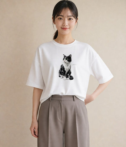 Tシャツ レディース メインクーン 猫 ねこ イラスト 淡色 通勤 在宅 白T YMAZO