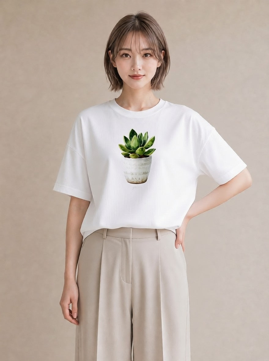 デザインTシャツ レディース 多肉植物 植物 ボタニカル イラスト 水彩風 秋コーデ おしゃれギフト 白T YMAZO