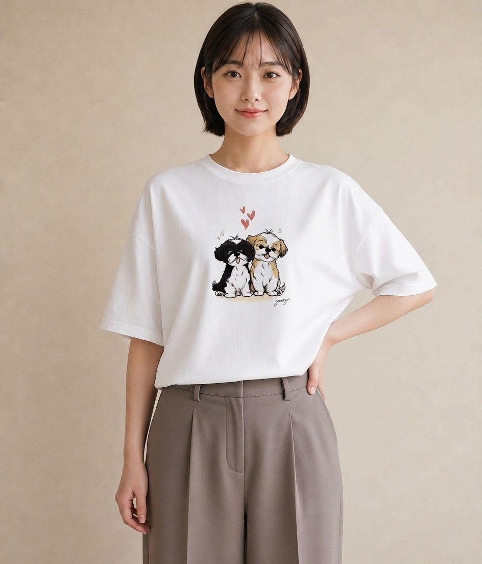 半袖Tシャツ レディース 狆 犬 いぬ イラスト ガーリー 綿100 デート 白T YMAZO