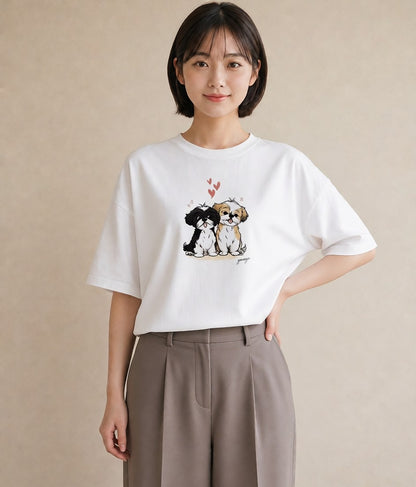 半袖Tシャツ レディース 狆 犬 いぬ イラスト ガーリー 綿100 デート 白T YMAZO