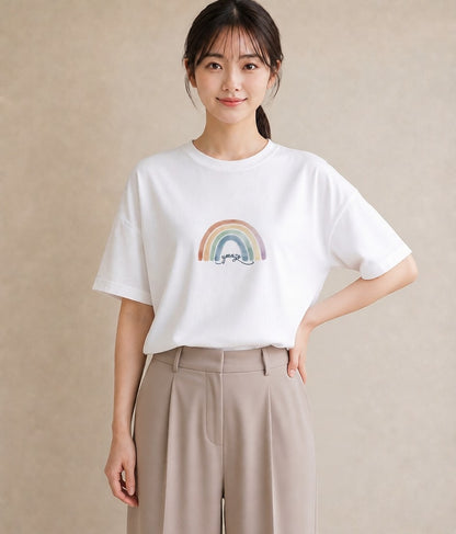 半袖Tシャツ レディース 虹 星空 宇宙 イラスト ミニマル 夏コーデ 通学 白T YMAZO