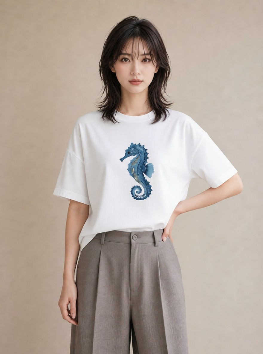 プリントTシャツ レディース タツノオトシゴ 海の生き物 海 イラスト こなれ感 社会人 女性 白T YMAZO