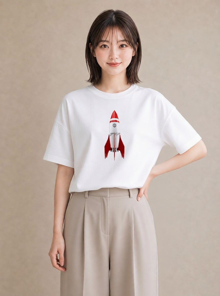 Tシャツ レディース ロケット 星空 宇宙 イラスト カフェコーデ 親子 20代 白T YMAZO