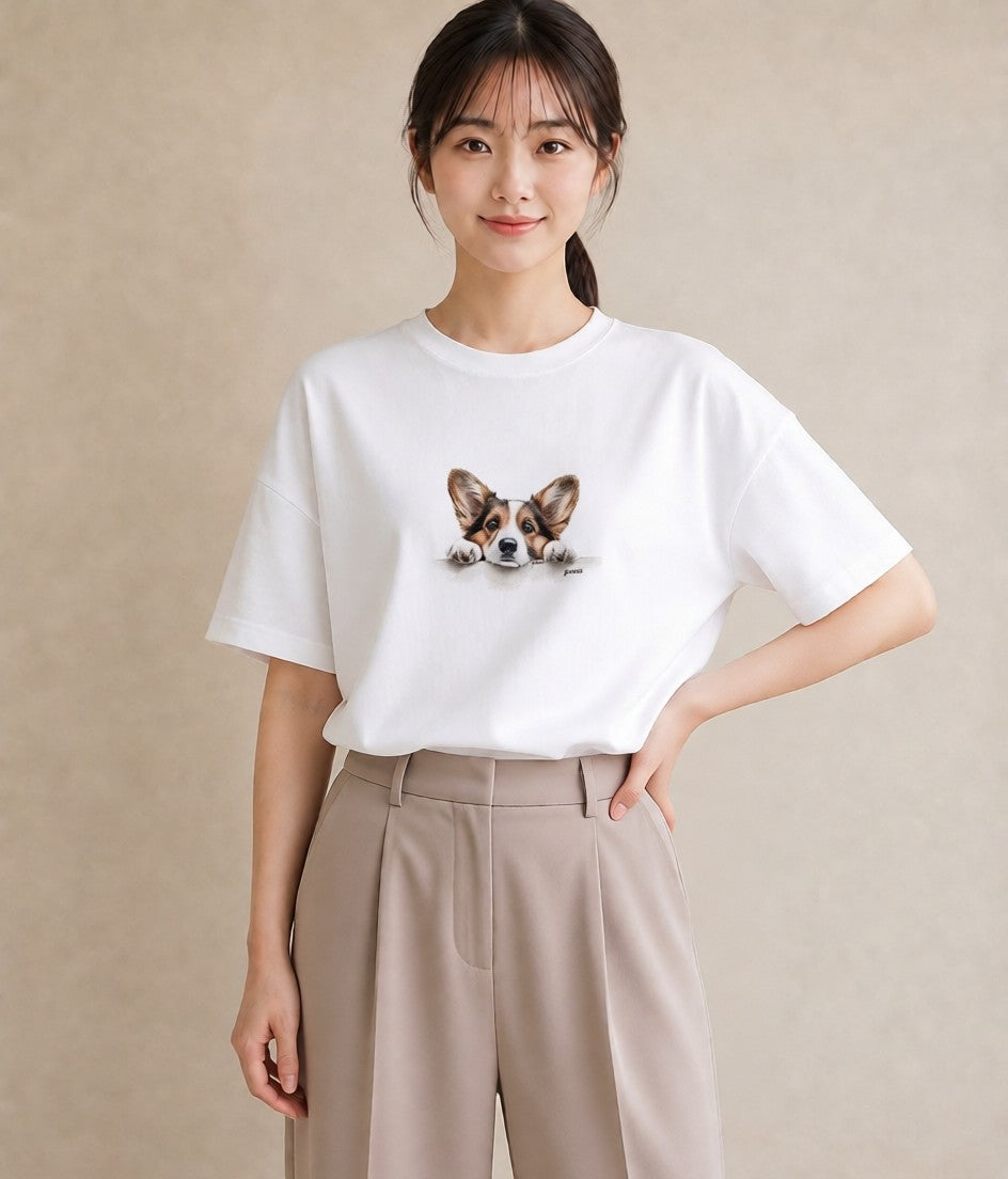 半袖Tシャツ レディース ウェルシュコーギー コーギー 犬 いぬ イラスト ニュアンス 綿100 デート 白T YMAZO