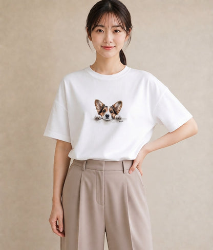 半袖Tシャツ レディース ウェルシュコーギー コーギー 犬 いぬ イラスト ニュアンス 綿100 デート 白T YMAZO
