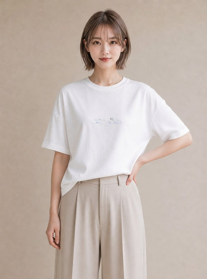 プリントTシャツ レディース 雲 星空 宇宙 イラスト 個性的 カフェ服 クリスマス 白T YMAZO