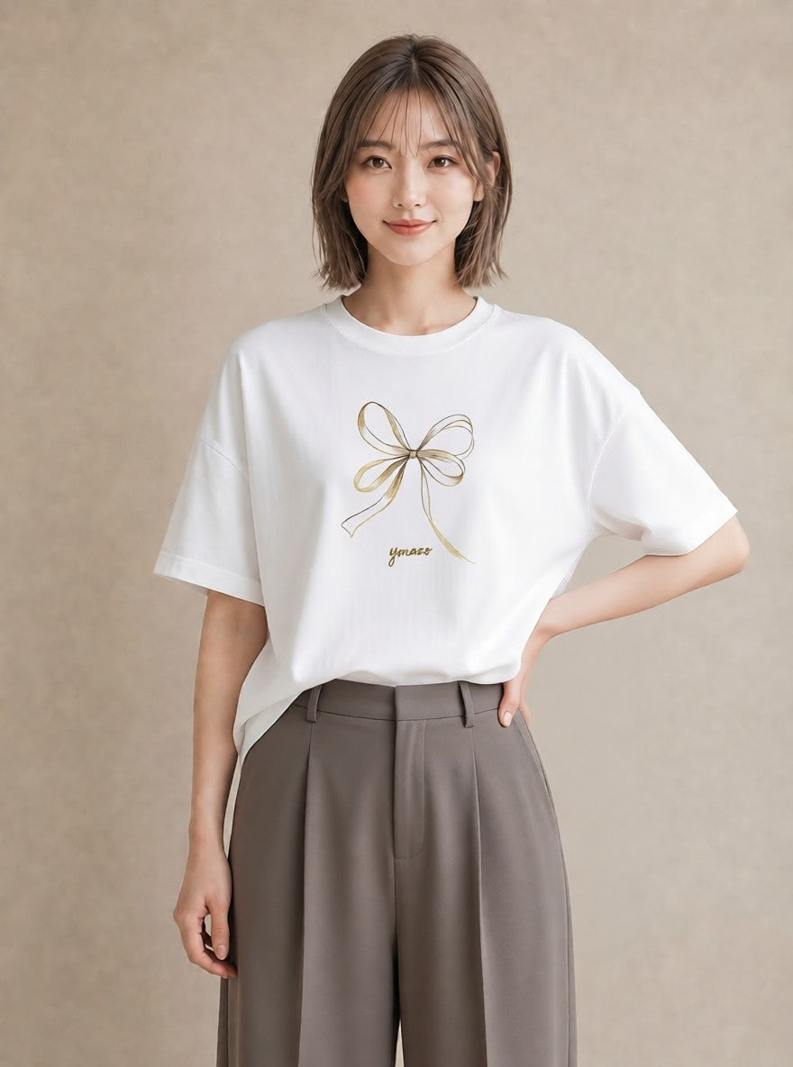 プリントTシャツ レディース リボン ボウ りぼん イラスト 旅行コーデ 女子会 お揃い 白T YMAZO