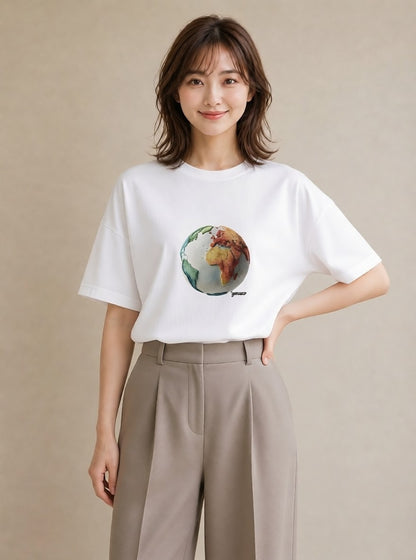半袖Tシャツ レディース 地球 星空 宇宙 イラスト 北欧風 誕生日プレゼント 綿100 白T YMAZO