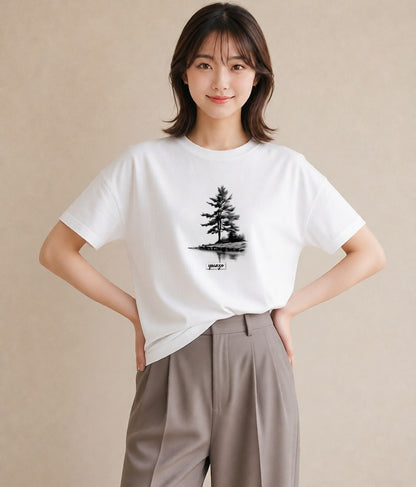 Tシャツ レディース 青の水彩 風景 ブルー ナチュラル アンティーク イラスト 抜け感 春服 ミセス 白T YMAZO