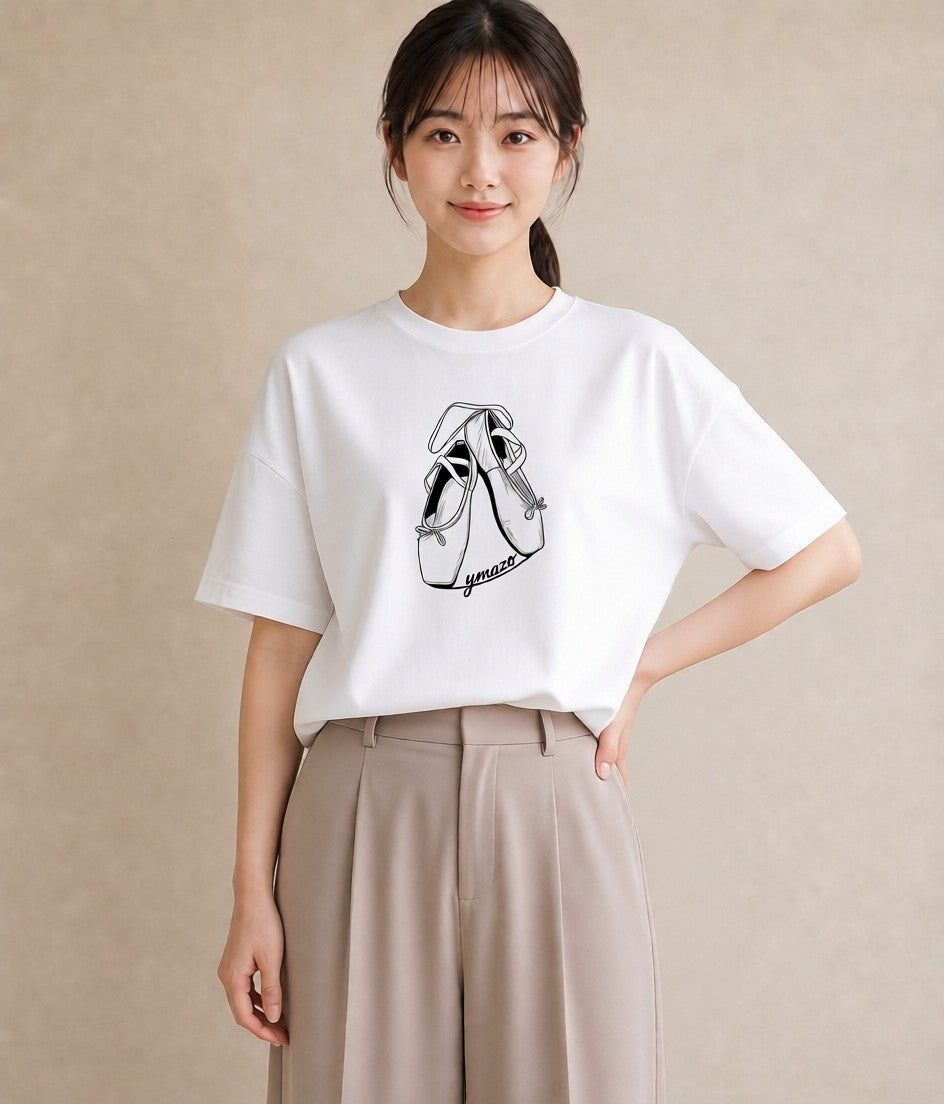 デザインTシャツ レディース バレエシューズ バレエ トウシューズ ナチュラル アンティーク イラスト ガーリー 週末コーデ 敬老の日 白T YMAZO