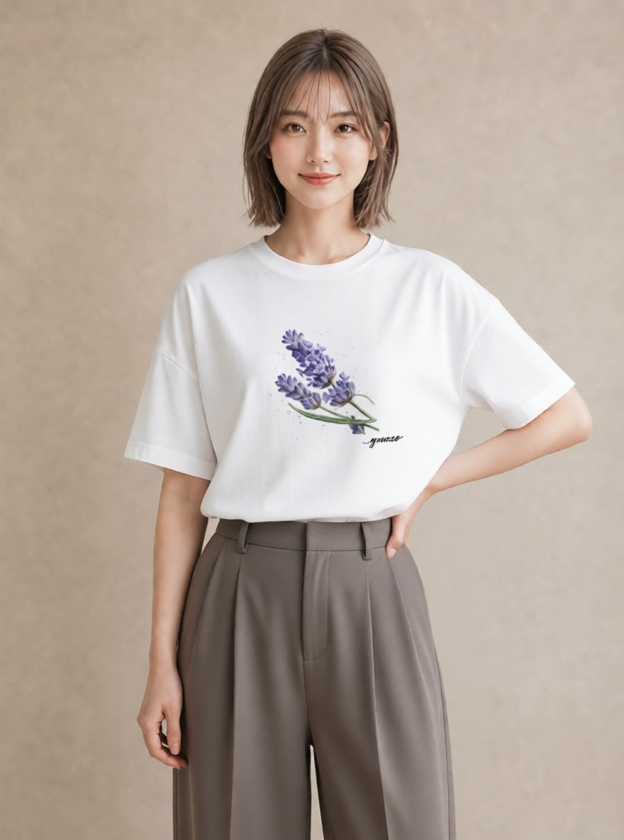 プリントTシャツ レディース ラベンダー 花 花柄 イラスト ペアコーデ 秋コーデ 白T YMAZO