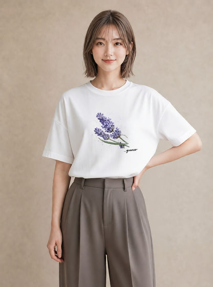 プリントTシャツ レディース ラベンダー 花 花柄 イラスト ペアコーデ 秋コーデ 白T YMAZO