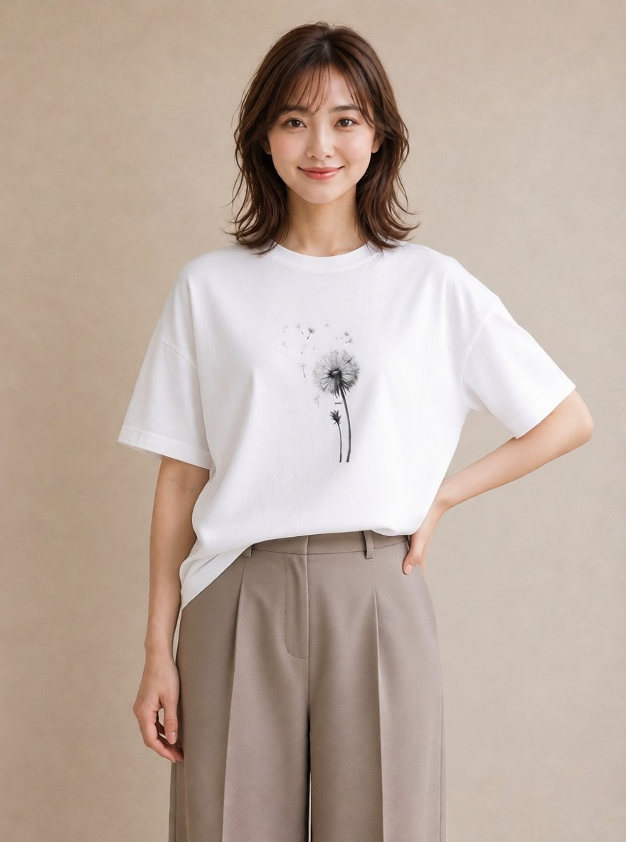 半袖Tシャツ レディース たんぽぽ 花 花柄 イラスト ラフカジュアル 週末コーデ 敬老の日 白T YMAZO