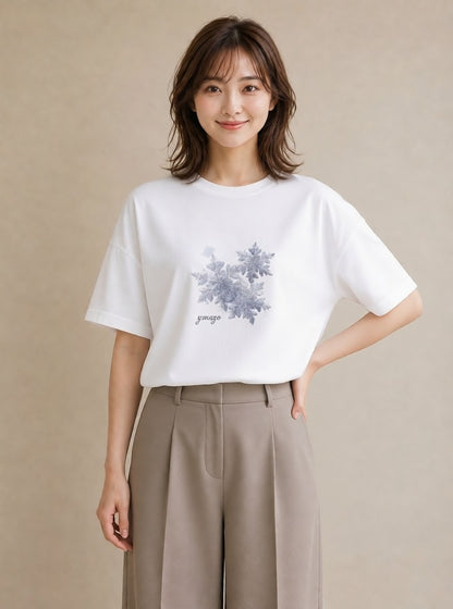 プリントTシャツ レディース 雪の結晶 星空 宇宙 イラスト ニュアンス 休日 ペアコーデ 白T YMAZO
