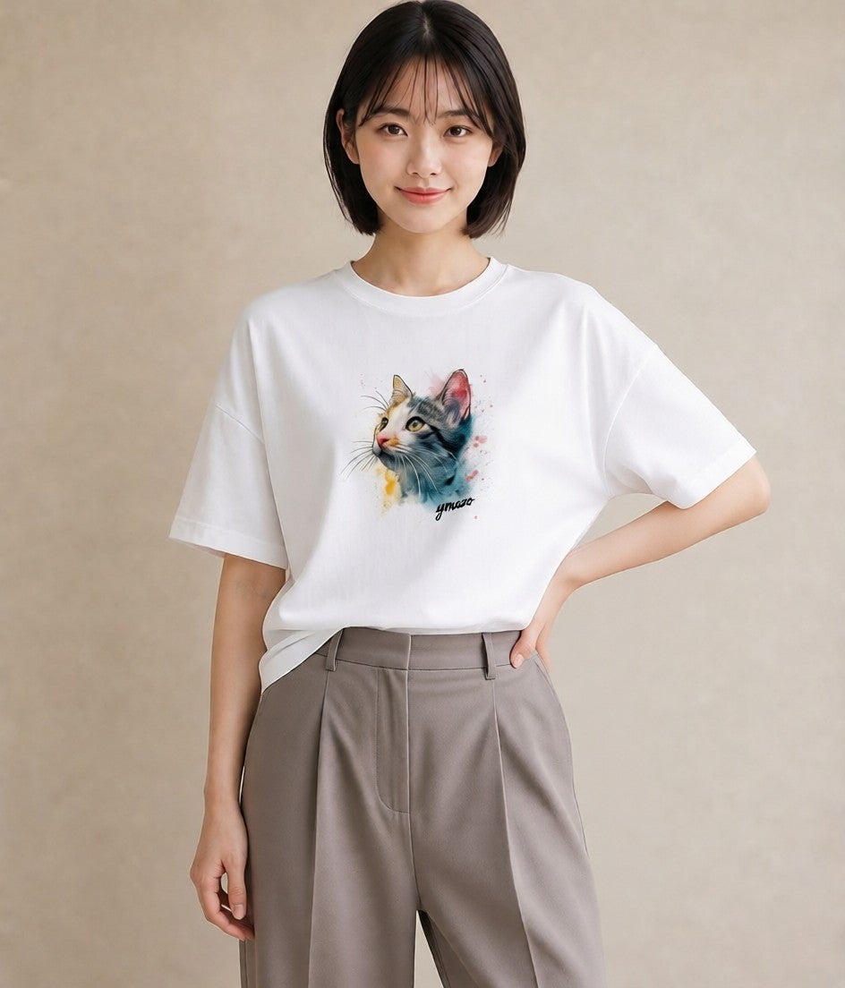 デザインTシャツ レディース アメリカンショートヘア 猫 ねこ イラスト ミセス 春コーデ 白T YMAZO